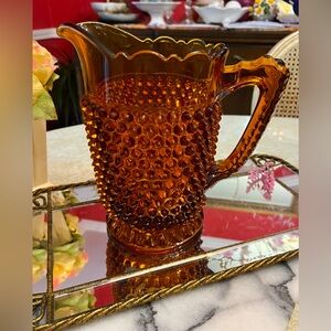 Victorian Style Amber Hobnail 8” Pitcher w Thumbprint Base by Doyle Company